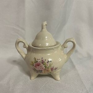 Vintage Floral Beige Porcelain Sugar Bowl with Lid Elegant Decor